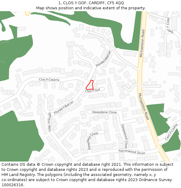 1, CLOS Y GOF, CARDIFF, CF5 4QQ: Location map and indicative extent of plot