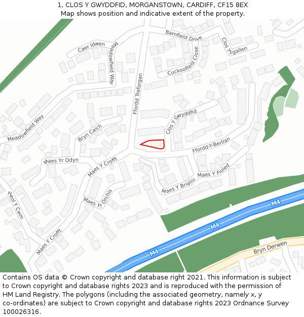 1, CLOS Y GWYDDFID, MORGANSTOWN, CARDIFF, CF15 8EX: Location map and indicative extent of plot