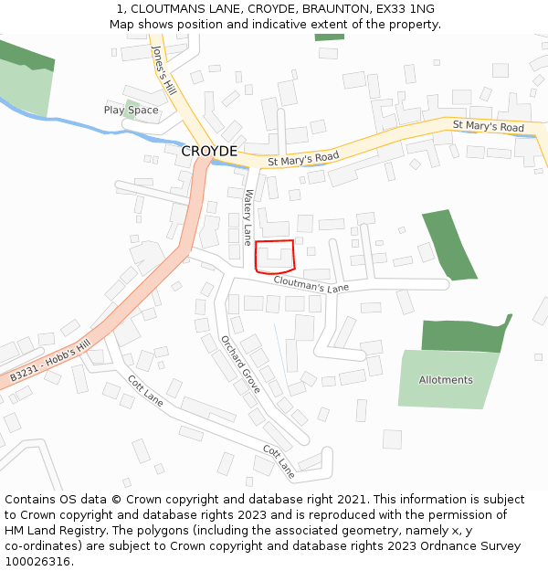 1, CLOUTMANS LANE, CROYDE, BRAUNTON, EX33 1NG: Location map and indicative extent of plot