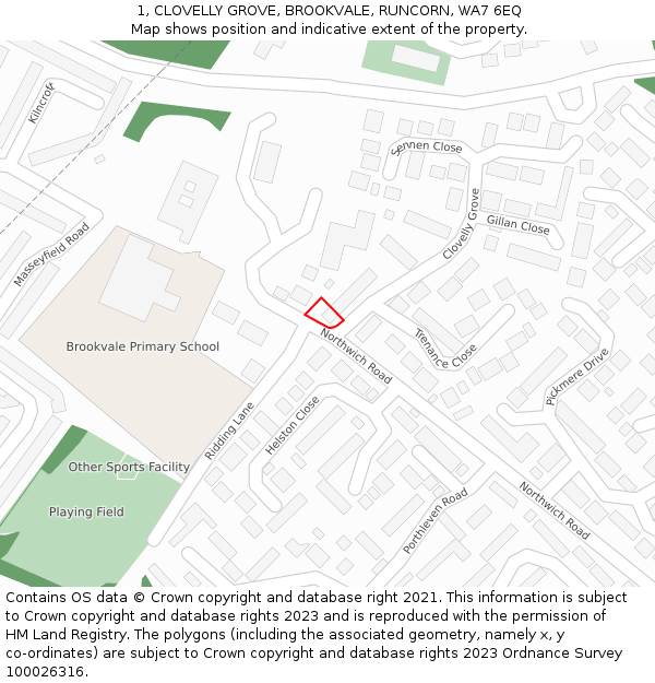 1, CLOVELLY GROVE, BROOKVALE, RUNCORN, WA7 6EQ: Location map and indicative extent of plot