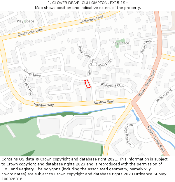 1, CLOVER DRIVE, CULLOMPTON, EX15 1SH: Location map and indicative extent of plot