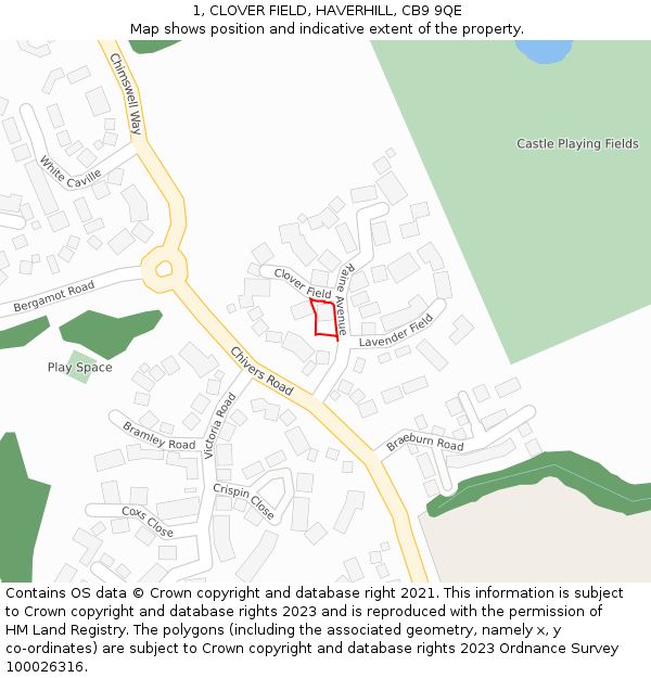 1, CLOVER FIELD, HAVERHILL, CB9 9QE: Location map and indicative extent of plot