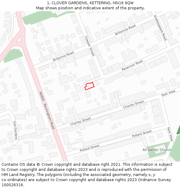 1, CLOVER GARDENS, KETTERING, NN16 9QW: Location map and indicative extent of plot