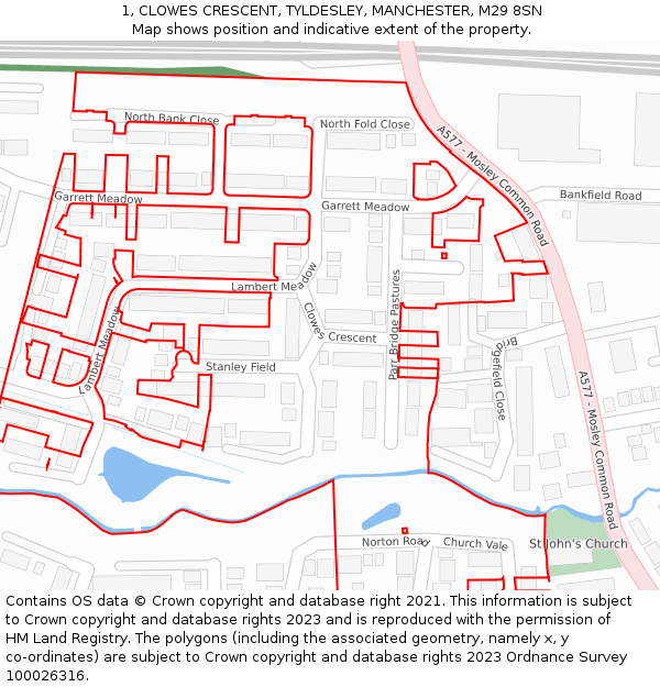 1, CLOWES CRESCENT, TYLDESLEY, MANCHESTER, M29 8SN: Location map and indicative extent of plot