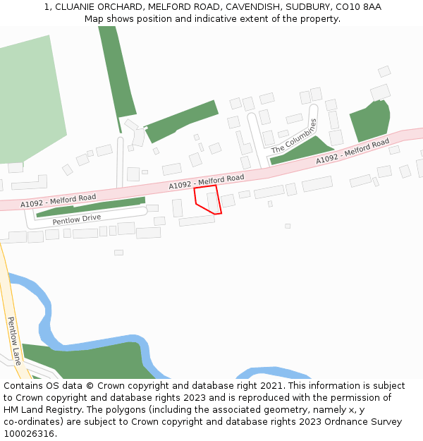 1, CLUANIE ORCHARD, MELFORD ROAD, CAVENDISH, SUDBURY, CO10 8AA: Location map and indicative extent of plot