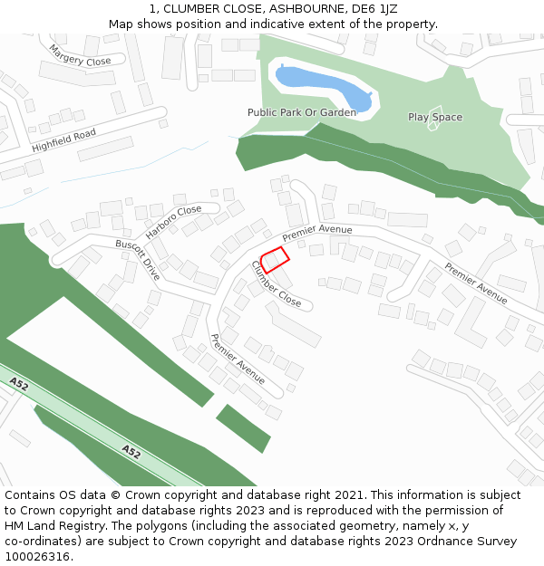 1, CLUMBER CLOSE, ASHBOURNE, DE6 1JZ: Location map and indicative extent of plot