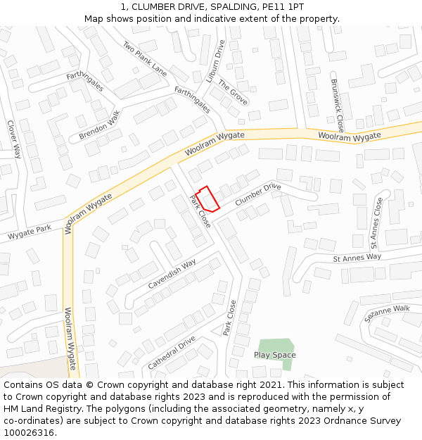 1, CLUMBER DRIVE, SPALDING, PE11 1PT: Location map and indicative extent of plot