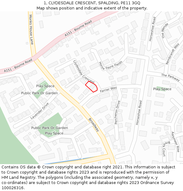 1, CLYDESDALE CRESCENT, SPALDING, PE11 3GQ: Location map and indicative extent of plot