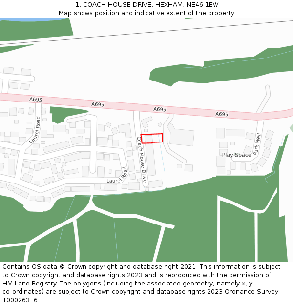 1, COACH HOUSE DRIVE, HEXHAM, NE46 1EW: Location map and indicative extent of plot