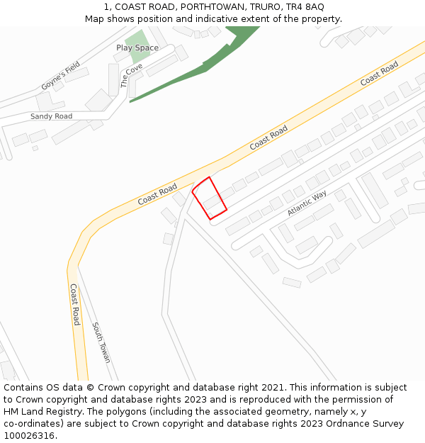 1, COAST ROAD, PORTHTOWAN, TRURO, TR4 8AQ: Location map and indicative extent of plot