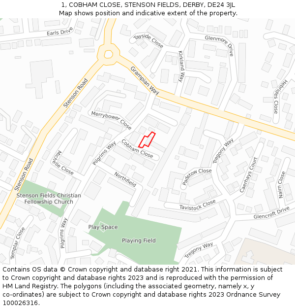 1, COBHAM CLOSE, STENSON FIELDS, DERBY, DE24 3JL: Location map and indicative extent of plot