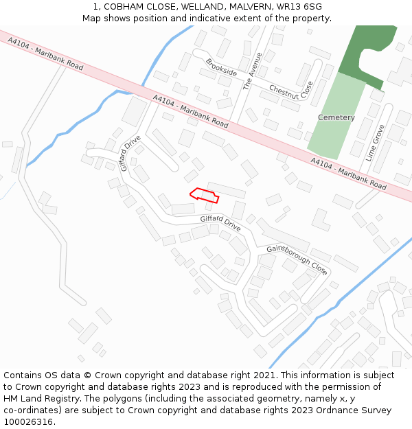 1, COBHAM CLOSE, WELLAND, MALVERN, WR13 6SG: Location map and indicative extent of plot