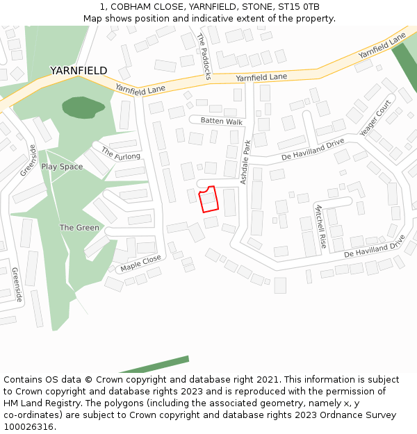 1, COBHAM CLOSE, YARNFIELD, STONE, ST15 0TB: Location map and indicative extent of plot