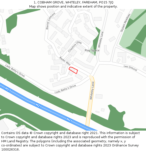 1, COBHAM GROVE, WHITELEY, FAREHAM, PO15 7JQ: Location map and indicative extent of plot