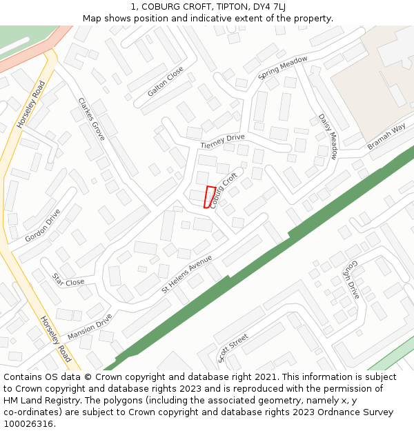 1, COBURG CROFT, TIPTON, DY4 7LJ: Location map and indicative extent of plot