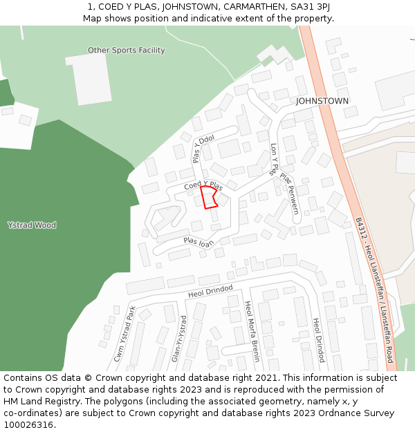 1, COED Y PLAS, JOHNSTOWN, CARMARTHEN, SA31 3PJ: Location map and indicative extent of plot