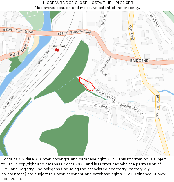 1, COFFA BRIDGE CLOSE, LOSTWITHIEL, PL22 0EB: Location map and indicative extent of plot