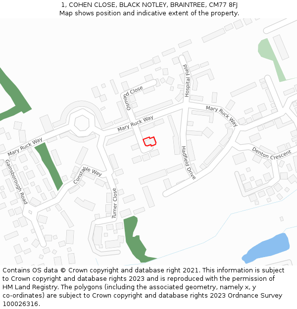 1, COHEN CLOSE, BLACK NOTLEY, BRAINTREE, CM77 8FJ: Location map and indicative extent of plot