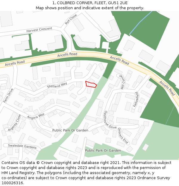 1, COLBRED CORNER, FLEET, GU51 2UE: Location map and indicative extent of plot