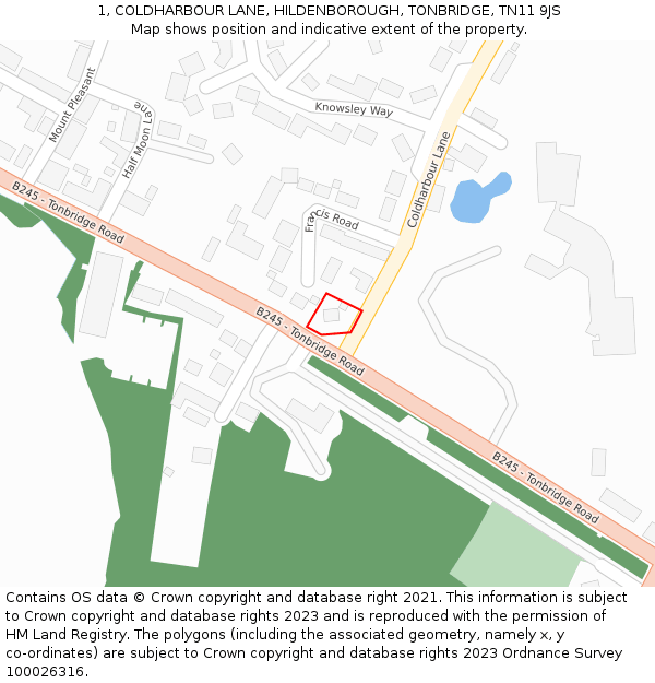 1, COLDHARBOUR LANE, HILDENBOROUGH, TONBRIDGE, TN11 9JS: Location map and indicative extent of plot