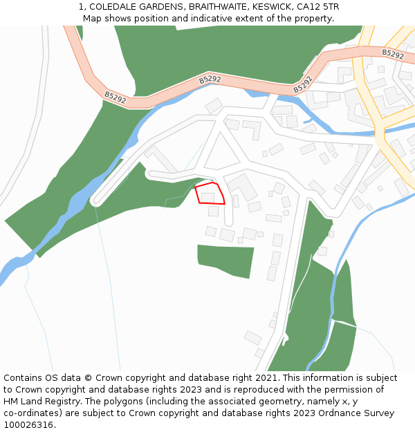 1, COLEDALE GARDENS, BRAITHWAITE, KESWICK, CA12 5TR: Location map and indicative extent of plot