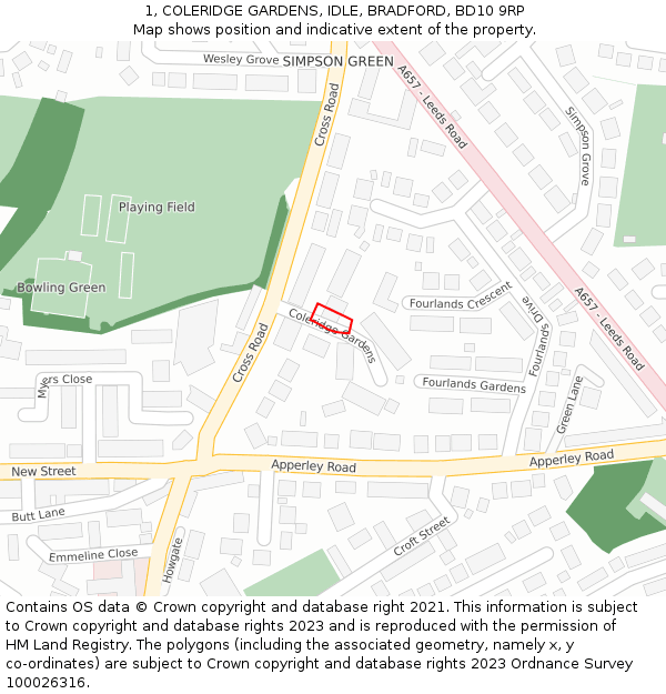 1, COLERIDGE GARDENS, IDLE, BRADFORD, BD10 9RP: Location map and indicative extent of plot