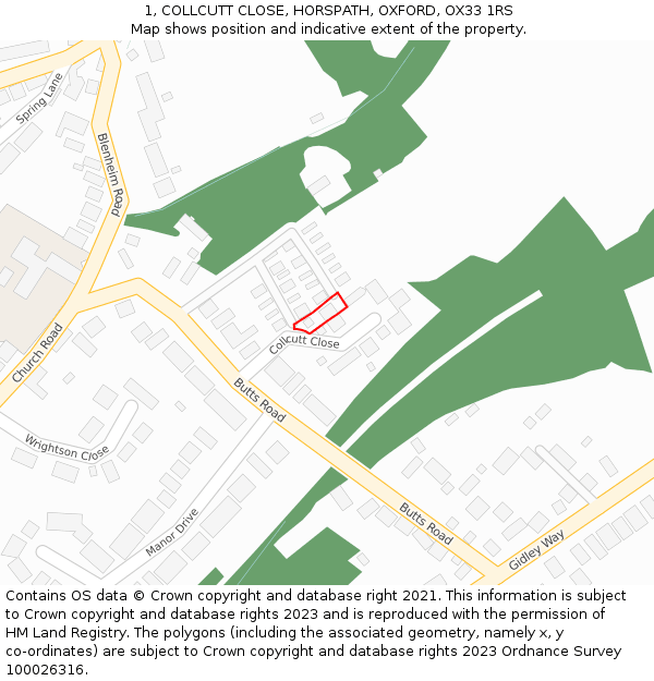 1, COLLCUTT CLOSE, HORSPATH, OXFORD, OX33 1RS: Location map and indicative extent of plot