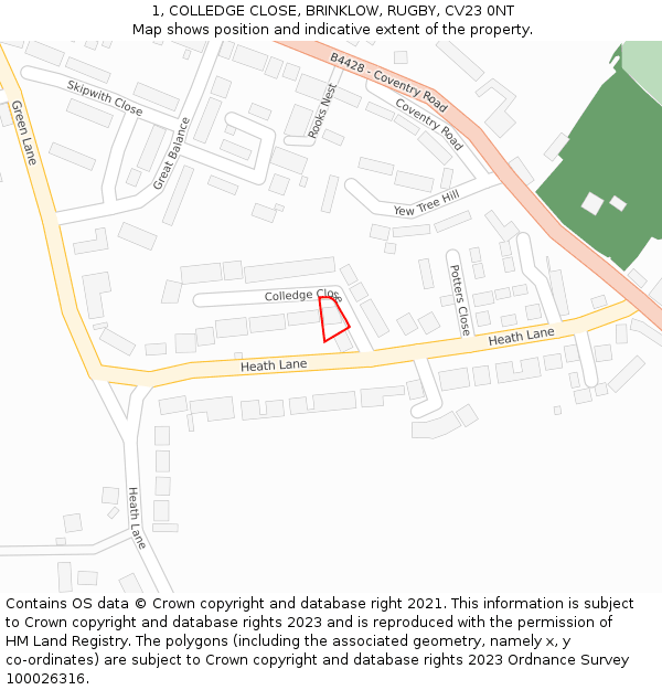 1, COLLEDGE CLOSE, BRINKLOW, RUGBY, CV23 0NT: Location map and indicative extent of plot