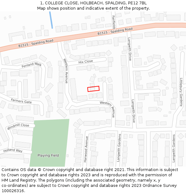1, COLLEGE CLOSE, HOLBEACH, SPALDING, PE12 7BL: Location map and indicative extent of plot