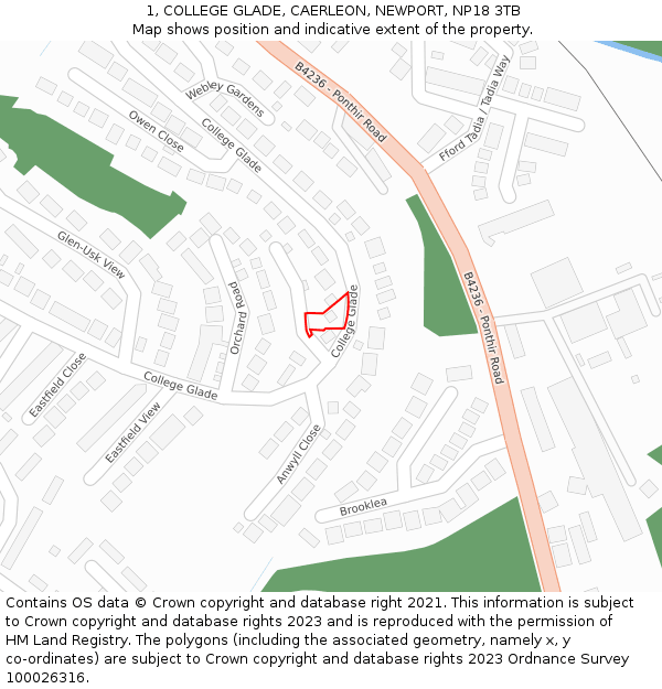 1, COLLEGE GLADE, CAERLEON, NEWPORT, NP18 3TB: Location map and indicative extent of plot
