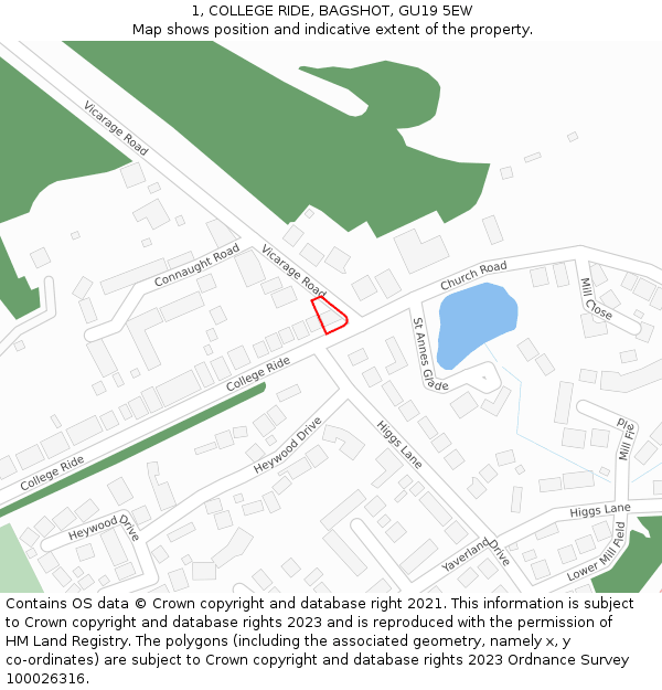 1, COLLEGE RIDE, BAGSHOT, GU19 5EW: Location map and indicative extent of plot