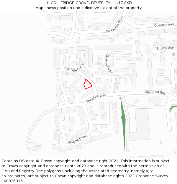 1, COLLERIDGE GROVE, BEVERLEY, HU17 8XD: Location map and indicative extent of plot