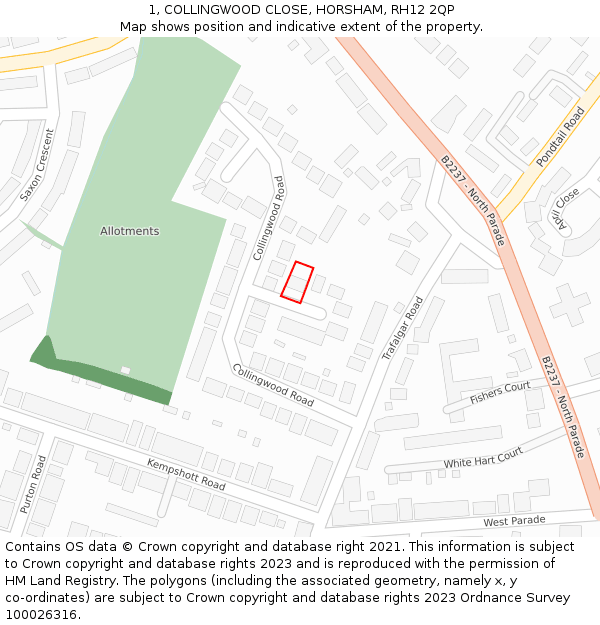 1, COLLINGWOOD CLOSE, HORSHAM, RH12 2QP: Location map and indicative extent of plot