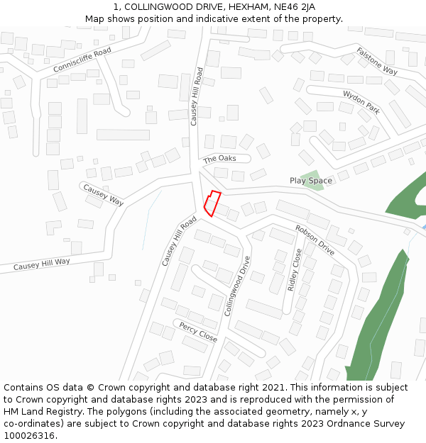 1, COLLINGWOOD DRIVE, HEXHAM, NE46 2JA: Location map and indicative extent of plot