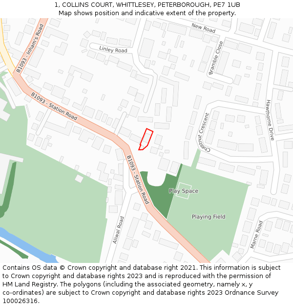 1, COLLINS COURT, WHITTLESEY, PETERBOROUGH, PE7 1UB: Location map and indicative extent of plot