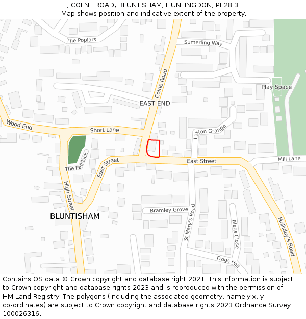 1, COLNE ROAD, BLUNTISHAM, HUNTINGDON, PE28 3LT: Location map and indicative extent of plot