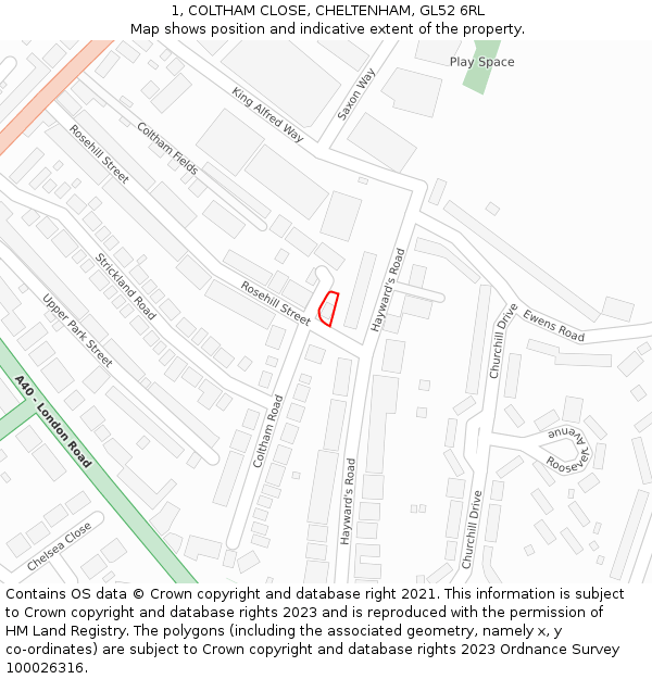1, COLTHAM CLOSE, CHELTENHAM, GL52 6RL: Location map and indicative extent of plot