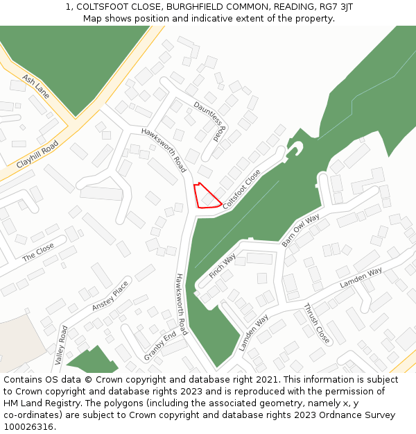 1, COLTSFOOT CLOSE, BURGHFIELD COMMON, READING, RG7 3JT: Location map and indicative extent of plot