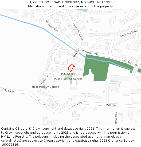 1, COLTSFOOT ROAD, HORSFORD, NORWICH, NR10 3SZ: Location map and indicative extent of plot