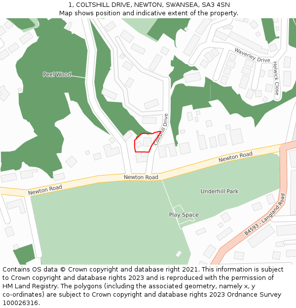 1, COLTSHILL DRIVE, NEWTON, SWANSEA, SA3 4SN: Location map and indicative extent of plot