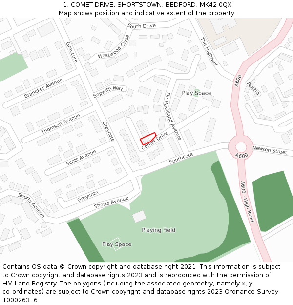 1, COMET DRIVE, SHORTSTOWN, BEDFORD, MK42 0QX: Location map and indicative extent of plot