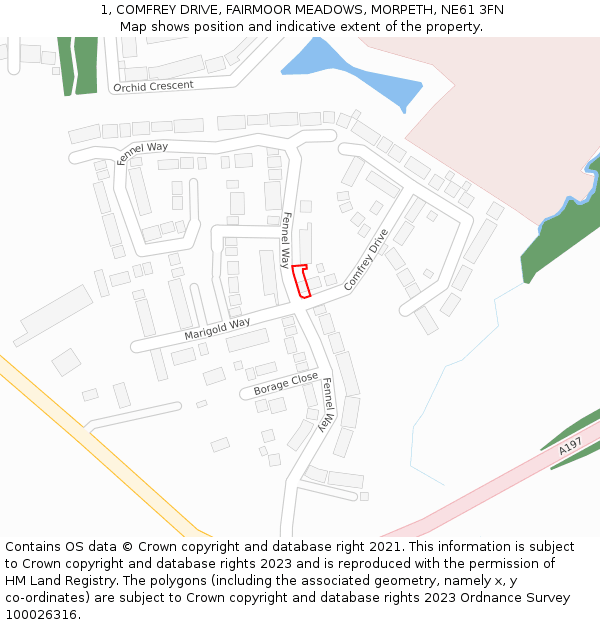 1, COMFREY DRIVE, FAIRMOOR MEADOWS, MORPETH, NE61 3FN: Location map and indicative extent of plot