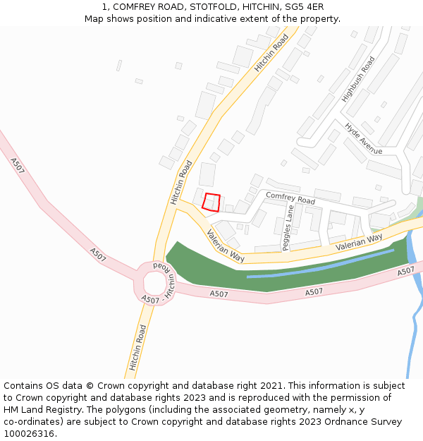 1, COMFREY ROAD, STOTFOLD, HITCHIN, SG5 4ER: Location map and indicative extent of plot