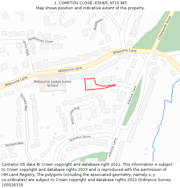 1, COMPTON CLOSE, ESHER, KT10 9EF: Location map and indicative extent of plot