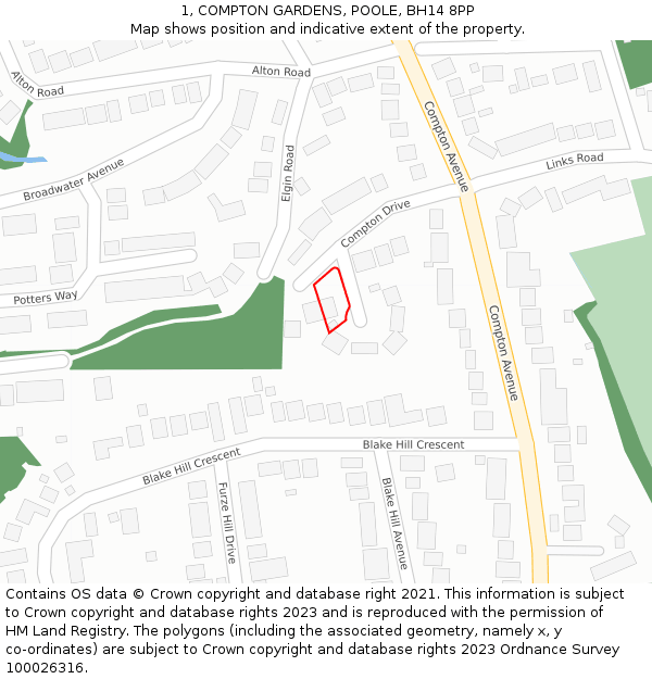 1, COMPTON GARDENS, POOLE, BH14 8PP: Location map and indicative extent of plot