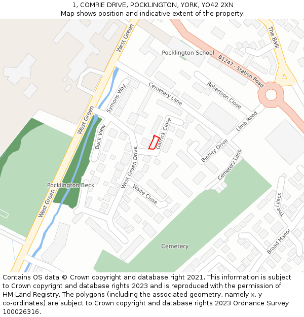 1, COMRIE DRIVE, POCKLINGTON, YORK, YO42 2XN: Location map and indicative extent of plot