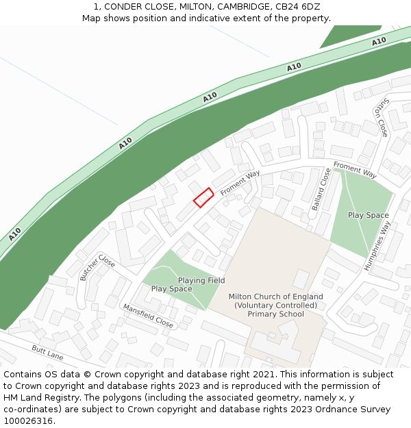1, CONDER CLOSE, MILTON, CAMBRIDGE, CB24 6DZ: Location map and indicative extent of plot