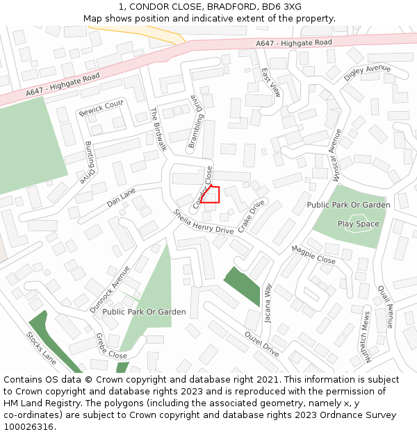 1, CONDOR CLOSE, BRADFORD, BD6 3XG: Location map and indicative extent of plot