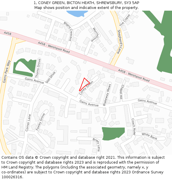 1, CONEY GREEN, BICTON HEATH, SHREWSBURY, SY3 5AP: Location map and indicative extent of plot