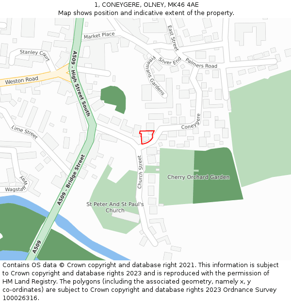 1, CONEYGERE, OLNEY, MK46 4AE: Location map and indicative extent of plot